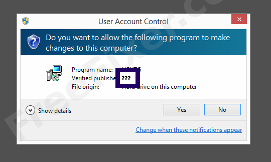 Screenshot where ??? appears as the verified publisher in the UAC dialog